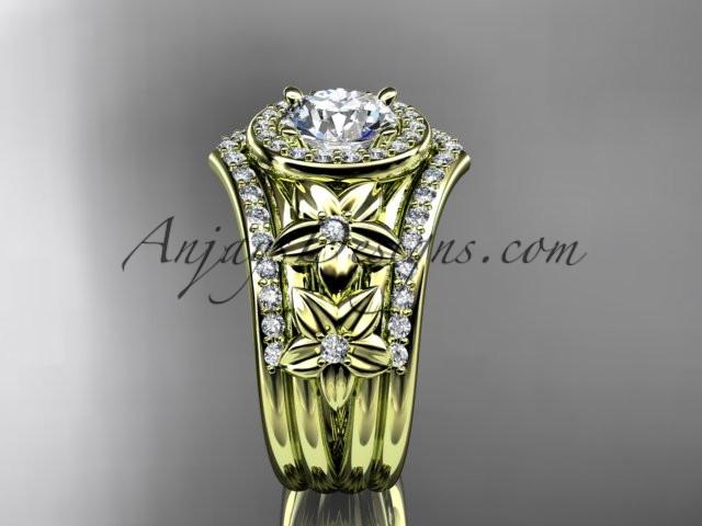 14kt yellow gold diamond floral wedding ring, engagement ring with double matching band ADLR131S - AnjaysDesigns