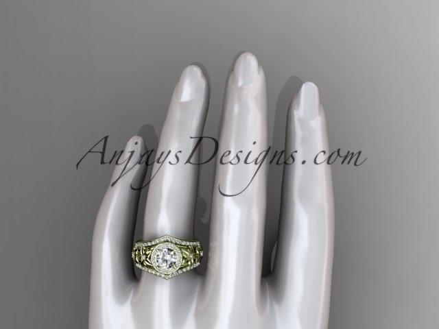14kt yellow gold diamond floral wedding ring, engagement ring with double matching band ADLR131S - AnjaysDesigns