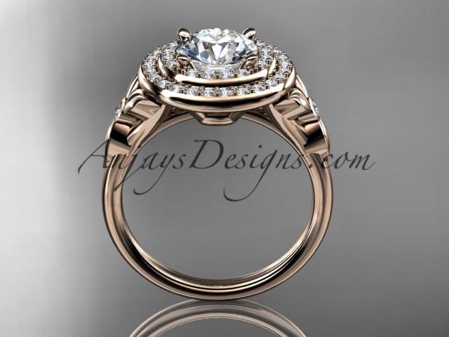 14kt rose gold diamond floral wedding ring, engagement ring with a "Forever One" Moissanite center stone ADLR133 - AnjaysDesigns