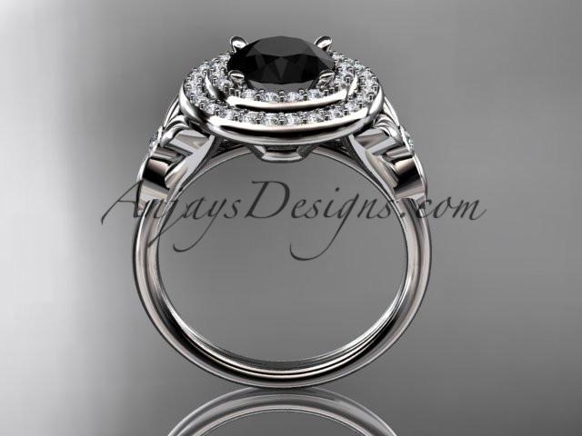 platinum diamond floral wedding ring, engagement ring with a Black Diamond center stone ADLR133 - AnjaysDesigns