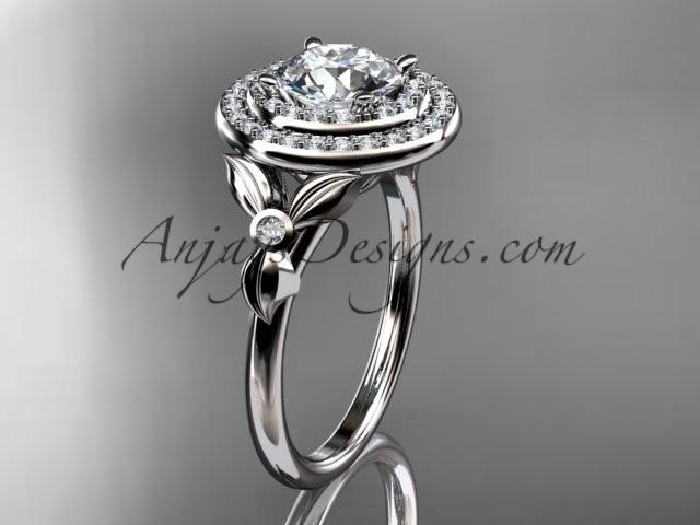 14kt white gold diamond floral wedding ring, engagement ring with a "Forever One" Moissanite center stone ADLR133 - AnjaysDesigns