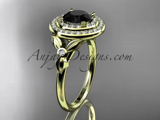 14kt yellow gold diamond floral wedding ring, engagement ring with a Black Diamond center stone ADLR133 - AnjaysDesigns
