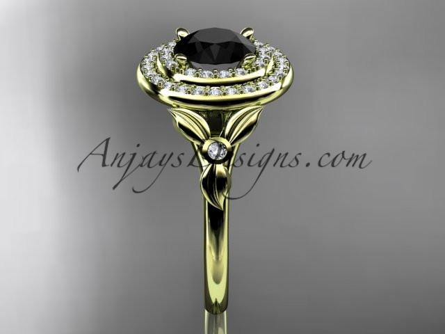 14kt yellow gold diamond floral wedding ring, engagement ring with a Black Diamond center stone ADLR133 - AnjaysDesigns