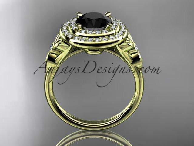 14kt yellow gold diamond floral wedding ring, engagement ring with a Black Diamond center stone ADLR133 - AnjaysDesigns