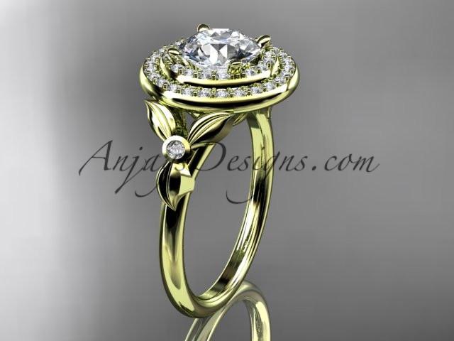 14kt yellow gold diamond floral wedding ring, engagement ring with a "Forever One" Moissanite center stone ADLR133 - AnjaysDesigns