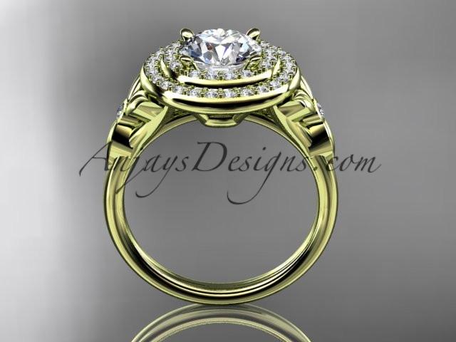 14kt yellow gold diamond floral wedding ring, engagement ring with a "Forever One" Moissanite center stone ADLR133 - AnjaysDesigns