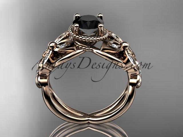 14kt rose gold diamond floral, butterfly wedding ring, engagement ring with a Black Diamond center stone ADLR136 - AnjaysDesigns