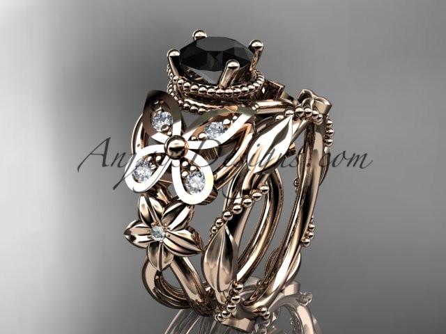 14kt rose gold diamond floral, butterfly wedding ring, engagement set with a Black Diamond center stone ADLR136S - AnjaysDesigns