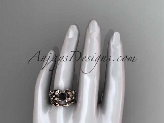 14kt rose gold diamond floral, butterfly wedding ring, engagement set with a Black Diamond center stone ADLR136S - AnjaysDesigns