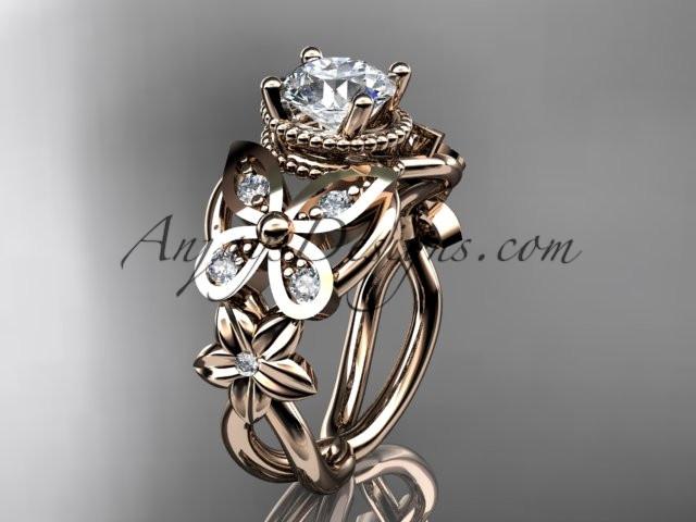 14kt rose gold diamond floral, butterfly wedding ring, engagement ring with a "Forever One" Moissanite center stone ADLR136 - AnjaysDesigns