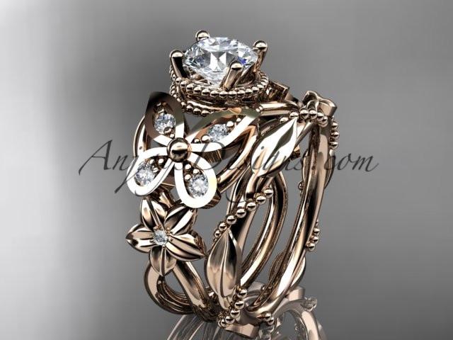 14kt rose gold diamond floral, butterfly wedding ring, engagement set with a "Forever One" Moissanite center stone ADLR136S - AnjaysDesigns