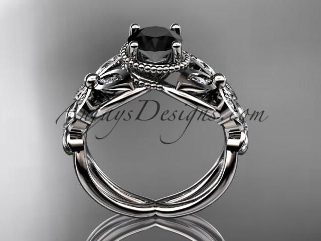 platinum diamond floral, butterfly wedding ring, engagement ring with a Black Diamond center stone ADLR136 - AnjaysDesigns