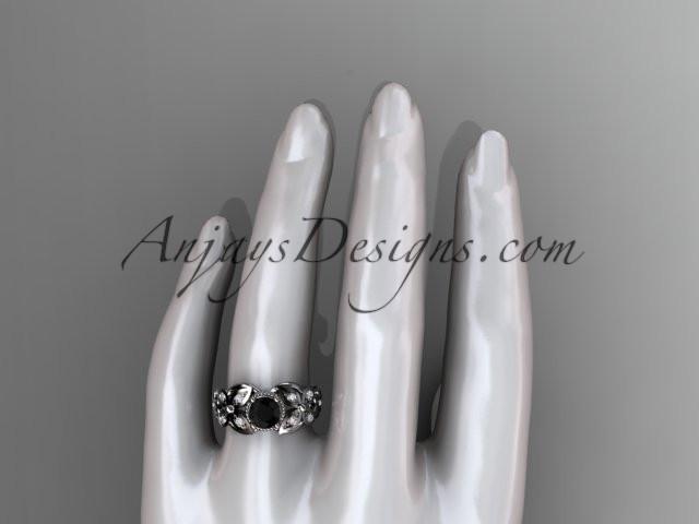 platinum diamond floral, butterfly wedding ring, engagement ring with a Black Diamond center stone ADLR136 - AnjaysDesigns