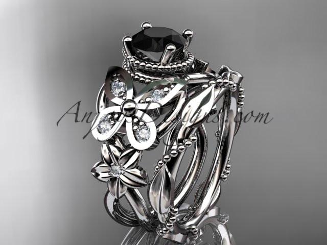 14kt white gold diamond floral, butterfly wedding ring, engagement set with a Black Diamond center stone ADLR136S - AnjaysDesigns
