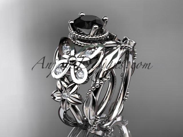 platinum diamond floral, butterfly wedding ring, engagement set with a Black Diamond center stone ADLR136S - AnjaysDesigns