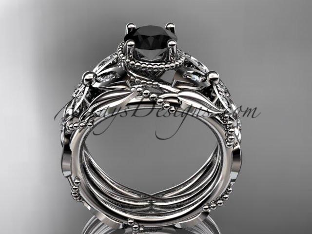 platinum diamond floral, butterfly wedding ring, engagement set with a Black Diamond center stone ADLR136S - AnjaysDesigns