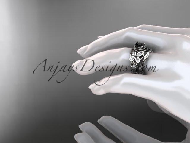 platinum diamond floral, butterfly wedding ring, engagement set with a Black Diamond center stone ADLR136S - AnjaysDesigns