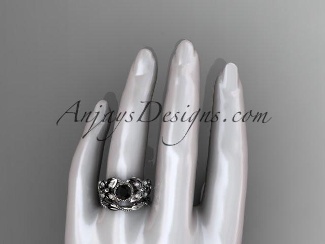 platinum diamond floral, butterfly wedding ring, engagement set with a Black Diamond center stone ADLR136S - AnjaysDesigns