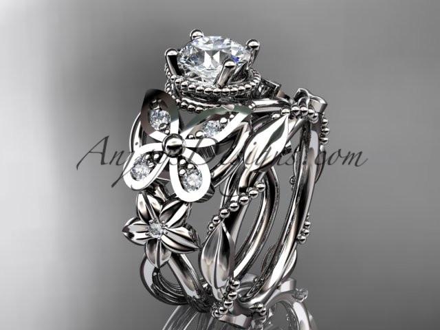 Platinum diamond floral, butterfly wedding ring, engagement set ADLR136S - AnjaysDesigns