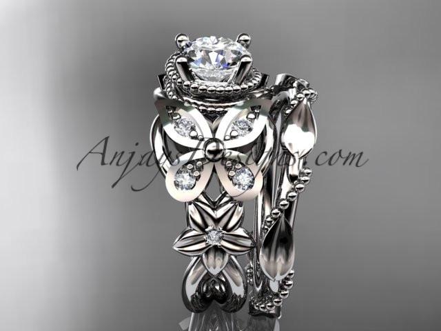 Platinum diamond floral, butterfly wedding ring, engagement set with a "Forever One" Moissanite center stone ADLR136S - AnjaysDesigns
