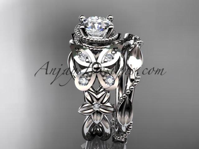 Platinum diamond floral, butterfly wedding ring, engagement set ADLR136S - AnjaysDesigns