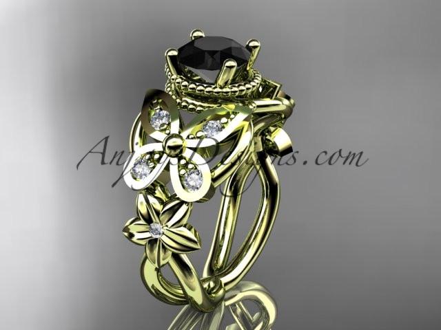 14kt yellow gold diamond floral, butterfly wedding ring, engagement ring with a Black Diamond center stone ADLR136 - AnjaysDesigns