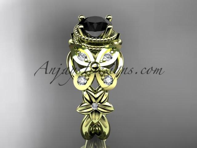 14kt yellow gold diamond floral, butterfly wedding ring, engagement ring with a Black Diamond center stone ADLR136 - AnjaysDesigns