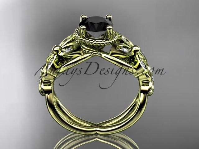 14kt yellow gold diamond floral, butterfly wedding ring, engagement ring with a Black Diamond center stone ADLR136 - AnjaysDesigns