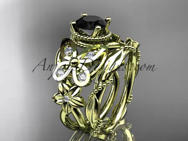 14kt yellow gold diamond floral, butterfly wedding ring, engagement set with a Black Diamond center stone ADLR136S - AnjaysDesigns