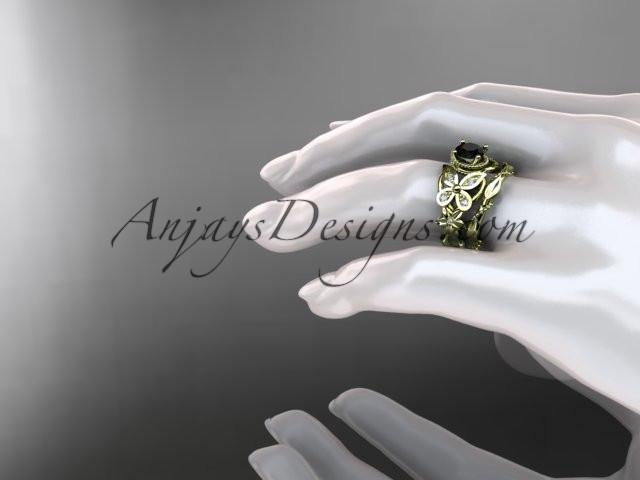 14kt yellow gold diamond floral, butterfly wedding ring, engagement set with a Black Diamond center stone ADLR136S - AnjaysDesigns