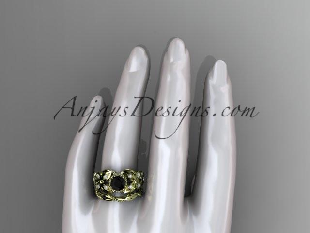 14kt yellow gold diamond floral, butterfly wedding ring, engagement set with a Black Diamond center stone ADLR136S - AnjaysDesigns