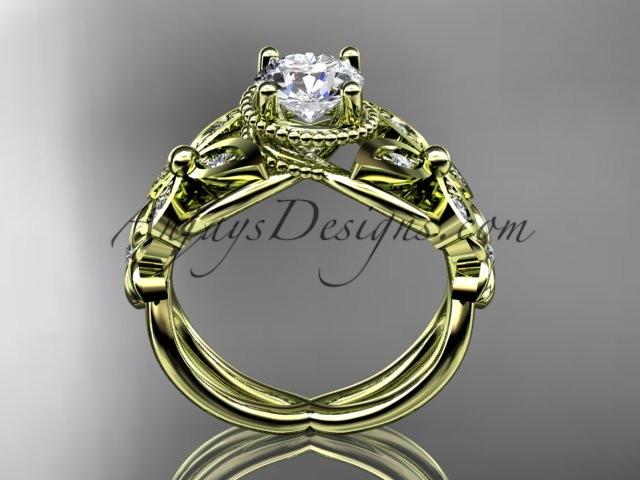 14kt yellow gold diamond floral, butterfly wedding ring, engagement ring with a "Forever One" Moissanite center stone ADLR136 - AnjaysDesigns