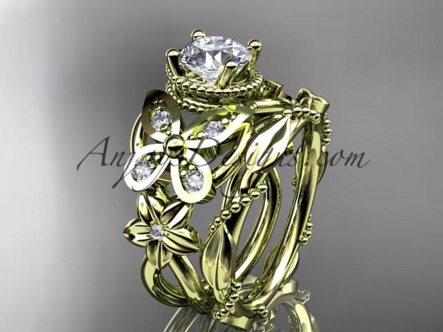 14kt yellow gold diamond floral, butterfly wedding ring, engagement set with a "Forever One" Moissanite center stone ADLR136S - AnjaysDesigns