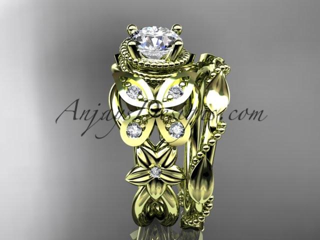 14kt yellow gold diamond floral, butterfly wedding ring, engagement set with a "Forever One" Moissanite center stone ADLR136S - AnjaysDesigns