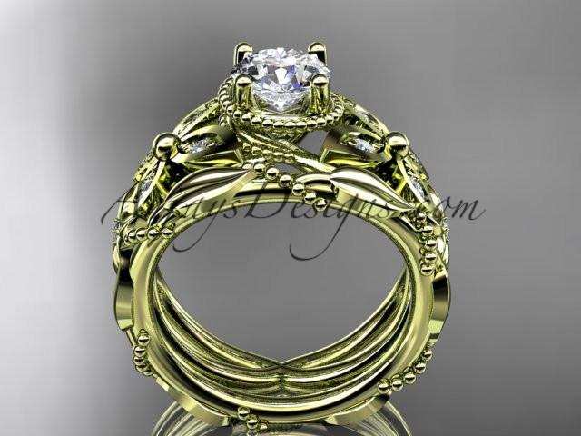 14kt yellow gold diamond floral, butterfly wedding ring, engagement set with a "Forever One" Moissanite center stone ADLR136S - AnjaysDesigns