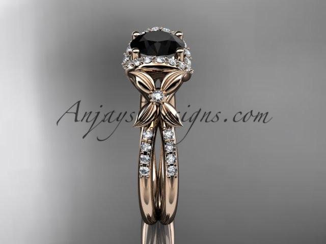 14kt rose gold diamond floral wedding ring, engagement ring with a Black Diamond center stone ADLR140 - AnjaysDesigns