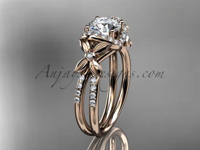 14kt rose gold diamond floral wedding ring, engagement ring with a "Forever One" Moissanite center stone ADLR140 - AnjaysDesigns
