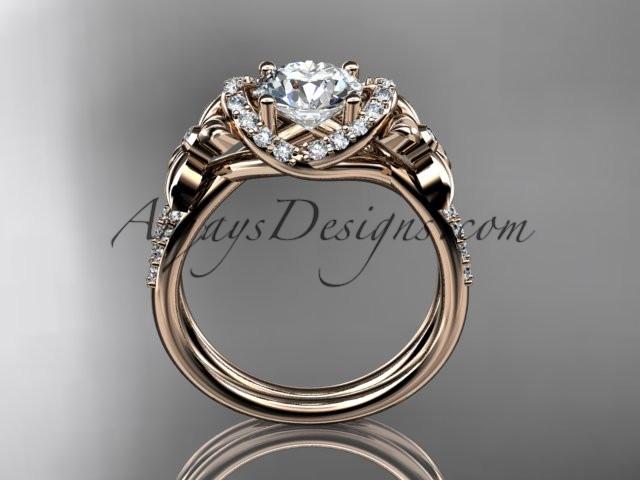 14kt rose gold diamond floral wedding ring, engagement ring with a "Forever One" Moissanite center stone ADLR140 - AnjaysDesigns