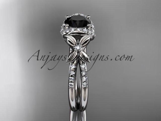 platinum diamond floral wedding ring, engagement ring with a Black Diamond center stone ADLR140 - AnjaysDesigns