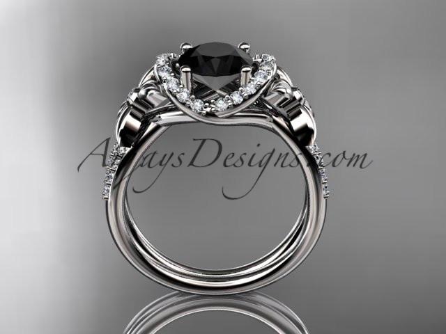 platinum diamond floral wedding ring, engagement ring with a Black Diamond center stone ADLR140 - AnjaysDesigns