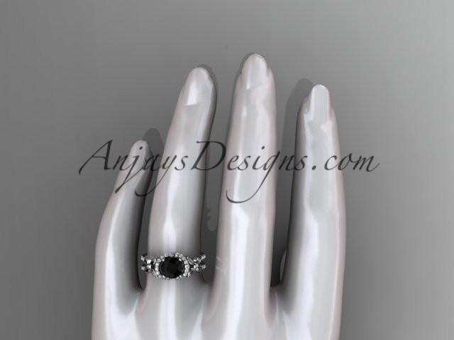 platinum diamond floral wedding ring, engagement ring with a Black Diamond center stone ADLR140 - AnjaysDesigns