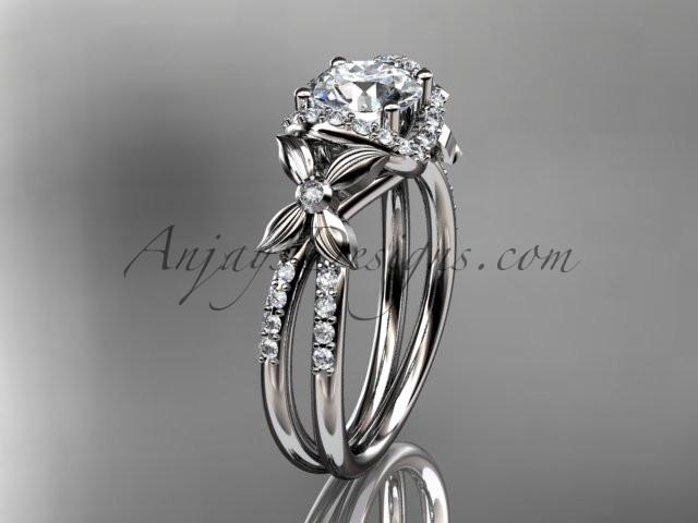14kt white gold diamond floral wedding ring, engagement ring with a "Forever One" Moissanite center stone ADLR140 - AnjaysDesigns