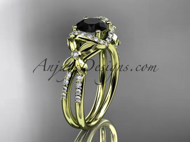 14kt yellow gold diamond floral wedding ring, engagement ring with a Black Diamond center stone ADLR140 - AnjaysDesigns