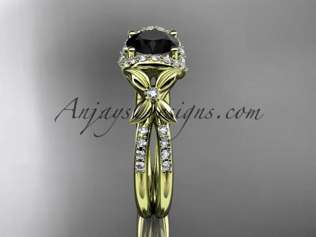 14kt yellow gold diamond floral wedding ring, engagement ring with a Black Diamond center stone ADLR140 - AnjaysDesigns