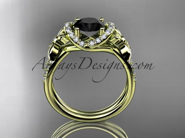 14kt yellow gold diamond floral wedding ring, engagement ring with a Black Diamond center stone ADLR140 - AnjaysDesigns