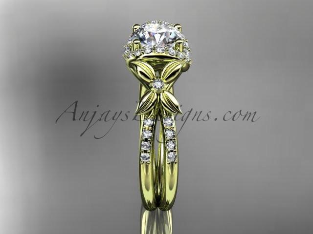 14kt yellow gold diamond floral wedding ring, engagement ring with a "Forever One" Moissanite center stone ADLR140 - AnjaysDesigns
