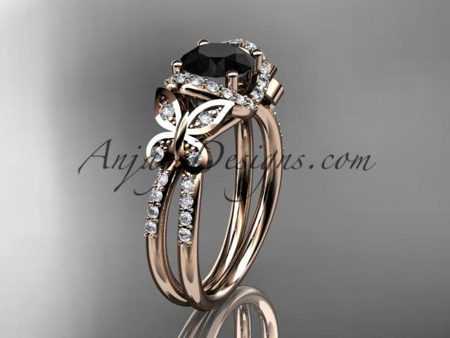 14kt rose gold diamond butterfly wedding ring, engagement ring with a Black Diamond center stone ADLR141 - AnjaysDesigns