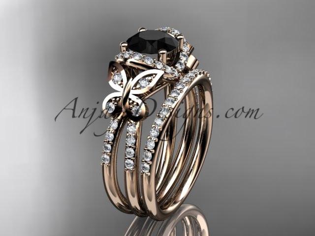 14kt rose gold diamond butterfly wedding ring, engagement set with a Black Diamond center stone ADLR141S - AnjaysDesigns