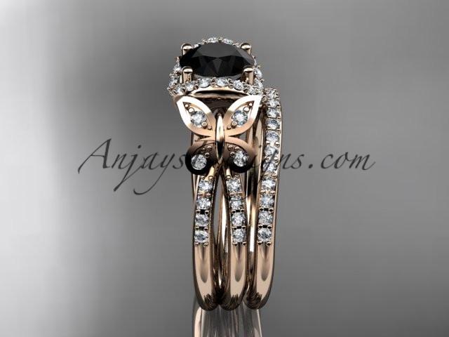 14kt rose gold diamond butterfly wedding ring, engagement set with a Black Diamond center stone ADLR141S - AnjaysDesigns