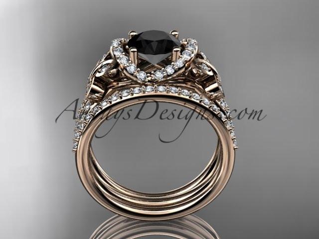 14kt rose gold diamond butterfly wedding ring, engagement set with a Black Diamond center stone ADLR141S - AnjaysDesigns